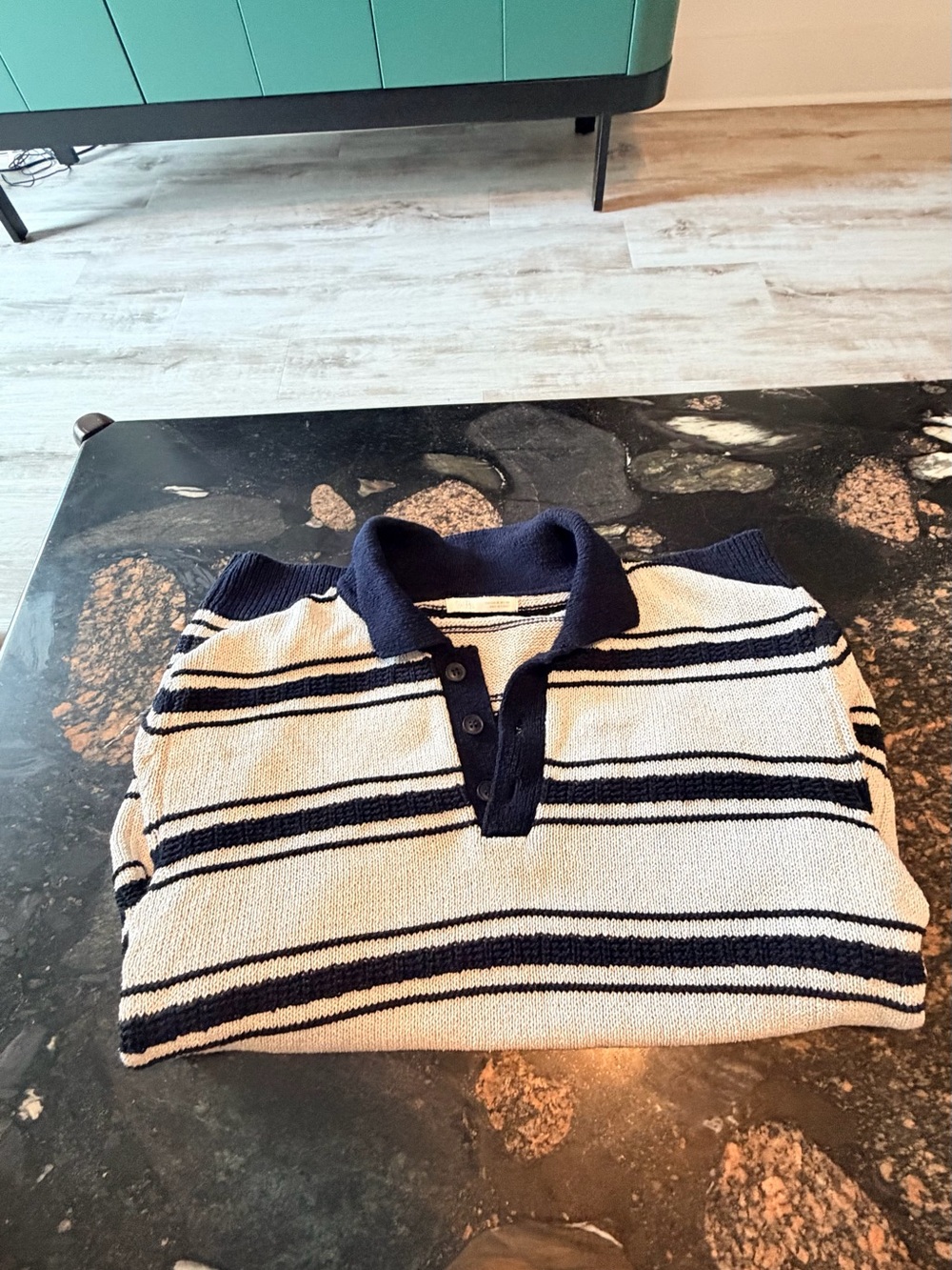 Zara Navy and Cream Striped V-Neck Polo Sweater